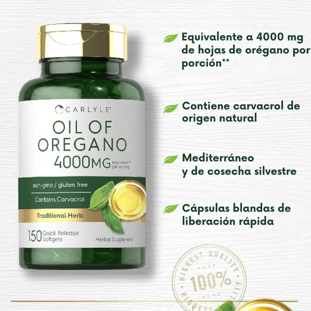 Aceite de Orégano Carlyle 4000 mg — Potencia natural con Carvacrol +80 % que ayuda a eliminar hongos y parásitos como la Candida y la Solitaria